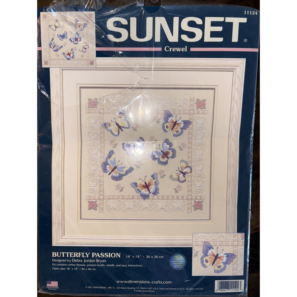 Sunset Crewel Embroidery‎ Kit Butterfly Passion Butterflies stamped cloth only